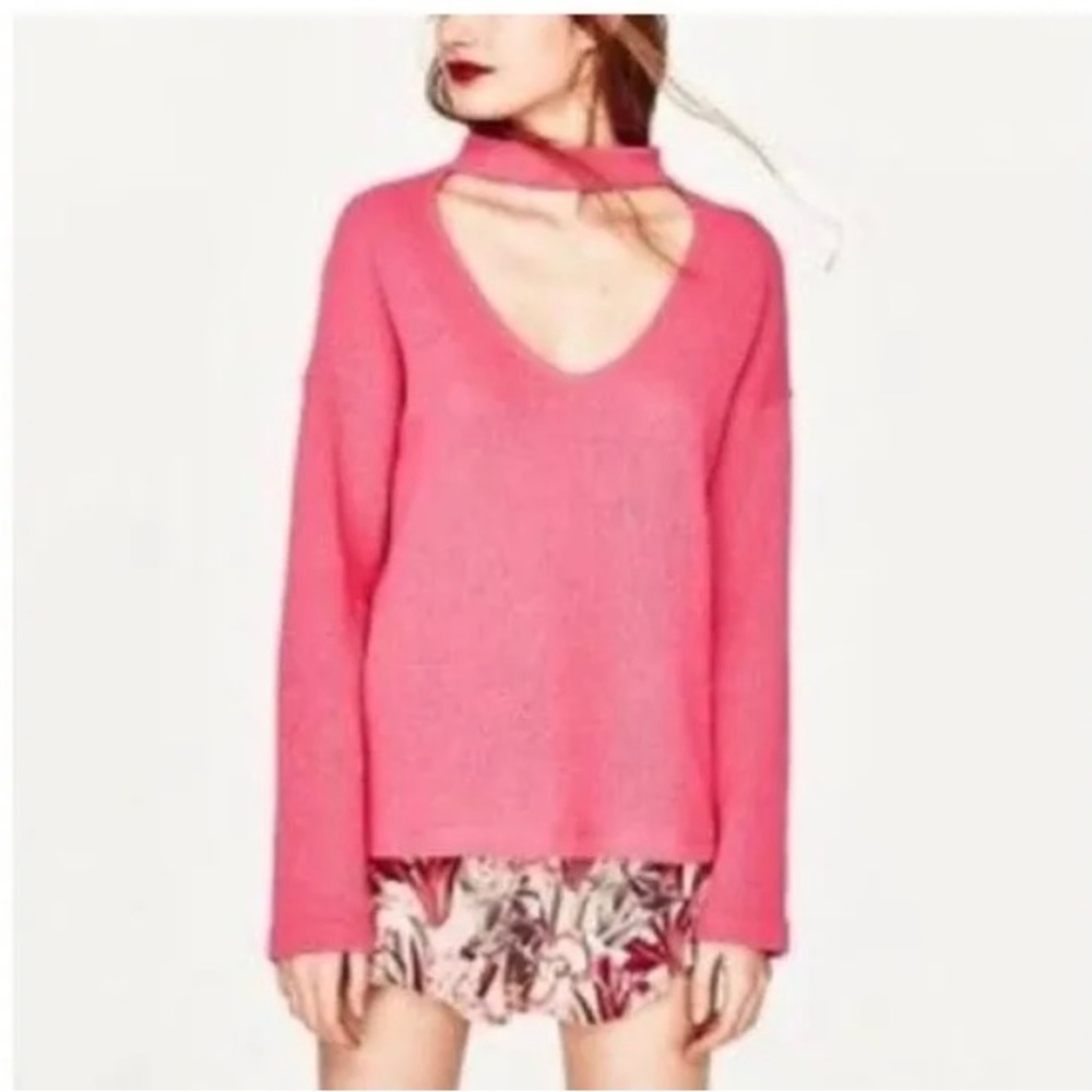 ZARA TRAFALUC. Cut Out Sweater. Womens Small Pink Long Sleeve Cotton Pol…‎